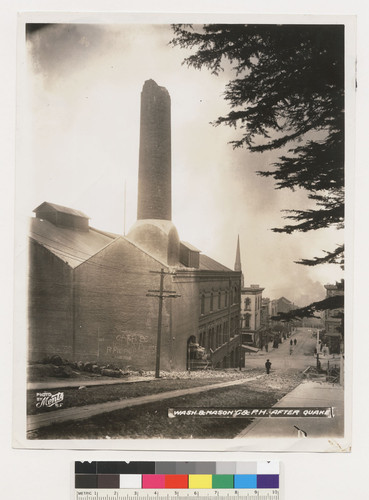 Washington-Mason car barn and power house--April 18, 1906. After quake, before fire. [Washington St. from Mason to Powell.]