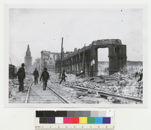 [Temporary railroad tracks along Market St. Ferry Building in distance, left.]