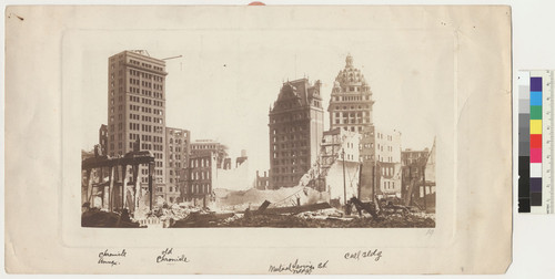 Newspaper row from corner of Grant avenue and Post street. [mss verso:] Among the skyscrapers of San Francisco after the fire of April 18-20, 06. Will make a good post cards [sic]. [mss recto:] Chronicle Annex, Old Chronicle, Mutual Savings Bk. Bldg, Call Bldg. [No. 19.]