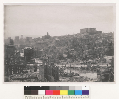 Hotel Fairmount [i.e. Fairmont] from Broadway & Kearny Sts. [Cityscape from Telegraph Hill looking south. Grace Church, center.]