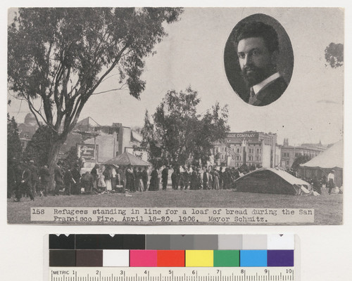 Refugees standing in line for a loaf of bread during the San Francisco Fire. April 18-20, 1906. Mayor Schmitz. [Hamilton Square. No. 158.]