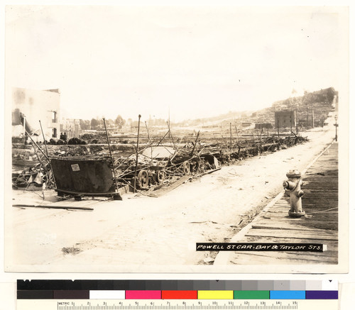 Powell St. car. Bay & Taylor Sts. [verso:] Powell St. branch of the Market Street Cable Railway, Bay and Taylor. After April 18, 1906