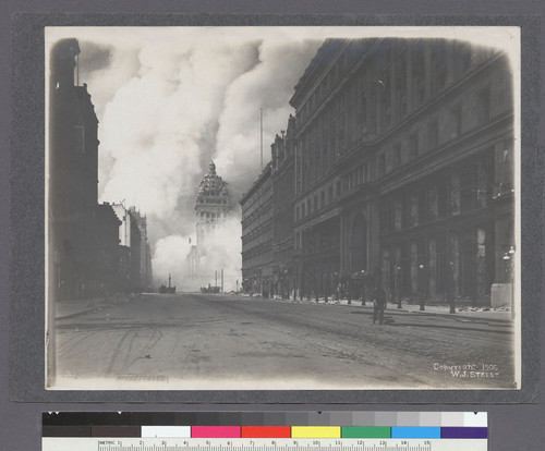 Market St. [Between] 4th [Fourth] & 5th [Fifth]. (800 block.) [Call Building on fire, center; Emporium department store, right. No. 2.]