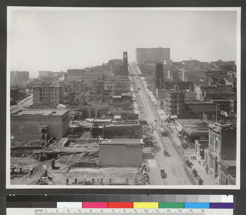 [View west on California St. toward Nob Hill and Fairmont Hotel during reconstruction. From Merchant's Exchange Building?]