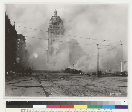 [View east down Market St. Call Building on fire, right.]