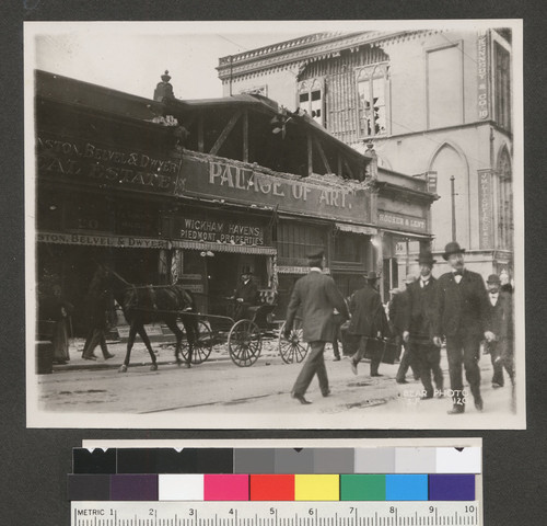 [Street scene of earthquake damage. Post Street; Montgomery Street building in background.]