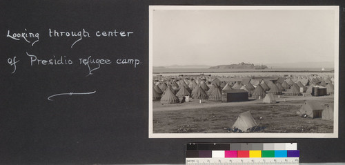 Looking through center of Presidio refugee camp. [Alcatraz Island in distance.]