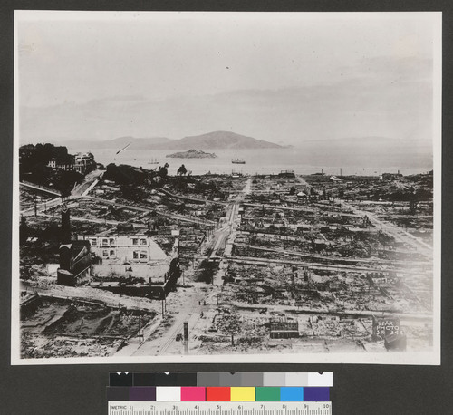 [Panoramic view of city from atop Fairmont Hotel. View looking north from Nob Hill along Mason St. toward North Beach. Alcatraz and Treasure Islands, center; Russian Hill, left.]