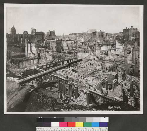 Burnt district from Fremont & Mission looking N.W. [In distance: Call Building, far left; Fairmont Hotel, right center; Merchants' Exchange Building, far right.]