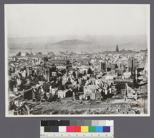 [Cityscape from Fairmont Hotel on Nob Hill, looking east toward Chinatown, Ferry Building and Yerba Buena Island. Foreground pictures Stockton St. between Sacramento and California Sts.]