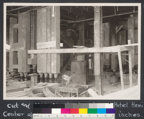 6 months after. Cut and spliced steel colums [sic] Hotel Hamilton. Center of building to be raised 6 inches. To show immense weight raised (12 stories), jacks turned up 2 1/2 inches, center only raised 3/4 inch