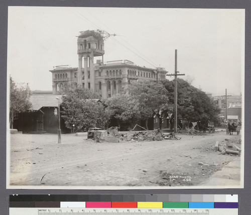 [Hall of Justice. Cottages from refugee camp at Portsmouth Square, center.]