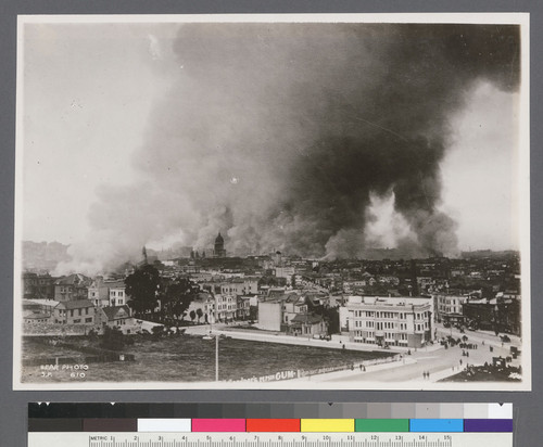 [View of fire in distance, looking northeast from near Market and Buchanan Sts.]