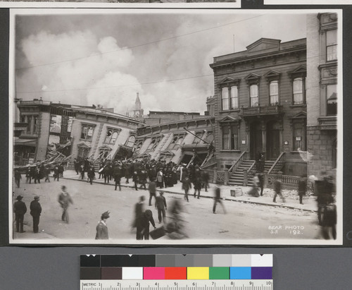 [Street scene of collapsed building, Golden Gate Ave. During fire.]