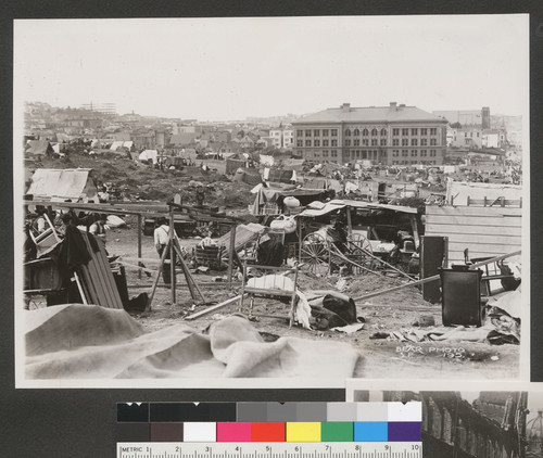 [Early makeshift refugee camp in Mission Park.]