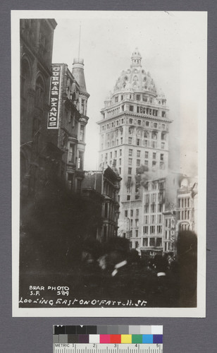 Looking east on O'Farrell St. [Call Building on fire.]