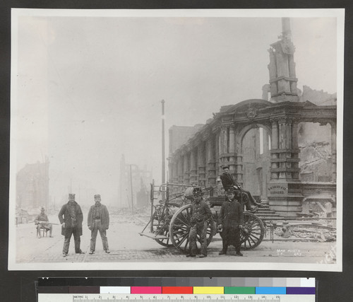 [Firemen at fire engine. Building of N.W. Halsey & Co., Bankers, right.]