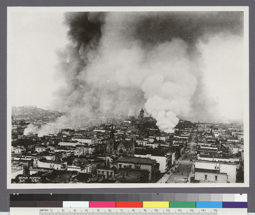 [View of fires--including Ham and Eggs fire, right center--looking east along Fell St. City Hall, center.]