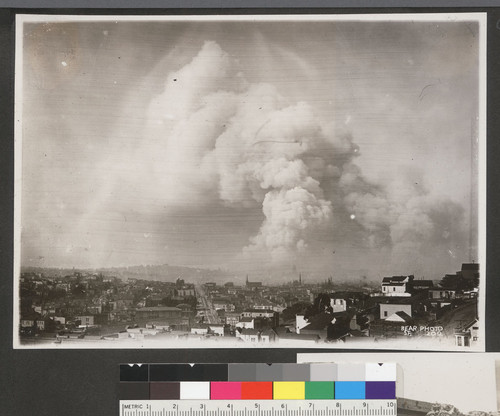 [View of city burning. Looking north from Mission District?]