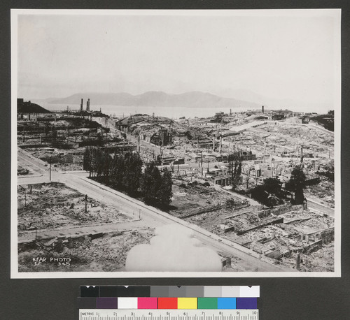 [Panoramic view of city from atop Fairmont Hotel. View looking northwest from Nob Hill toward Golden Gate in distance. Clay St. reservoir, far left; Russian Hill, far right.]