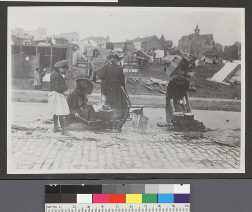 [Refugees at street kitchen. Near camp at Market and Buchanan Sts.]