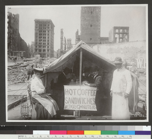 [Makeshift diner. Shreve Building at Post and Grant Sts. in distance, left.]