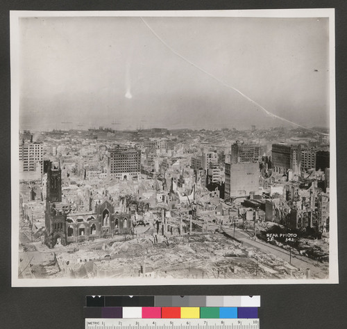 [Panoramic view from atop Fairmont Hotel. Looking southeast from Nob Hill. Grace Church, left.]