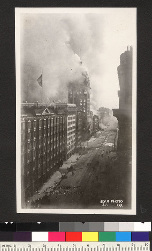 [View west on Market St. during burning of Call Building, center.]