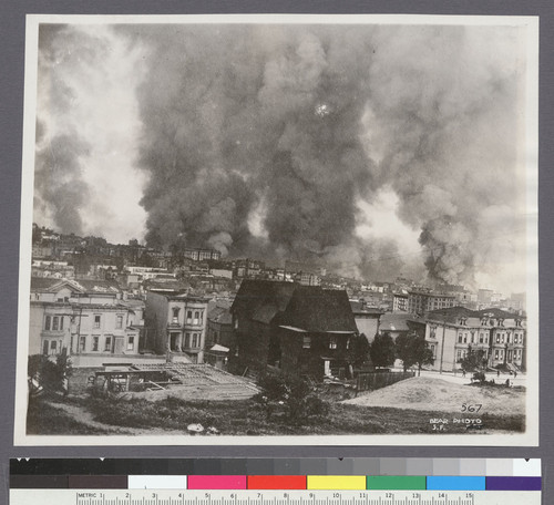 [View of fire burning in distance. From Lafayette Park.]