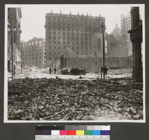 [View southwest along Montgomery St. toward Market St. and Palace Hotel, left center.]