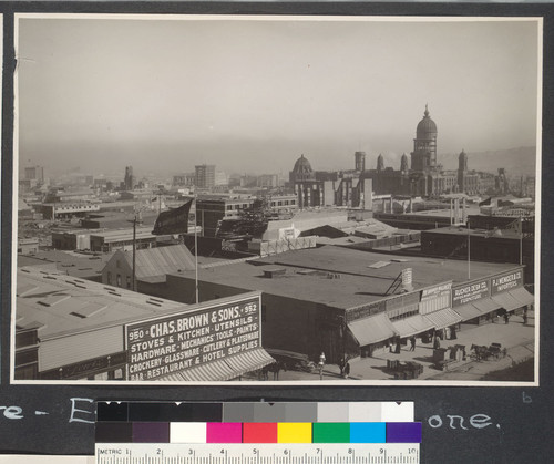 Panorama of five views of the Van Ness Shopping District. Six months after fire. Every building a new one