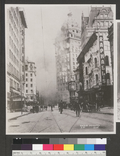 [View looking south down Kearny St. toward Market St. and burning of Call Building, center.]