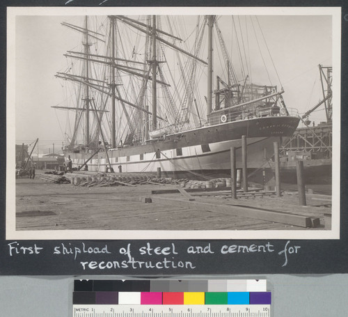 First shipload of steel and cement for reconstruction. [ship: "Crown of Germany".]