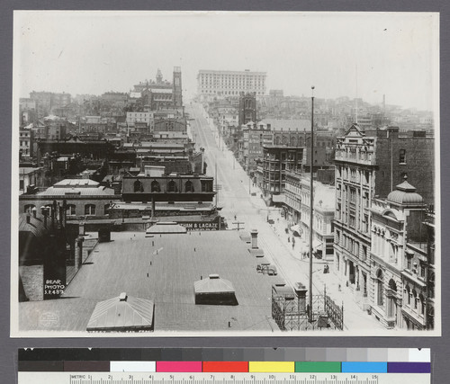 [Photographer's no. cropped...] California Street Hill, San Francisco, Cal. [Before earthquake and fire. Mark Hopkins Institute of Art, Grace Church and Fairmont Hotel atop Nob Hill. Old St. Mary's Church, midway down hill, center.]