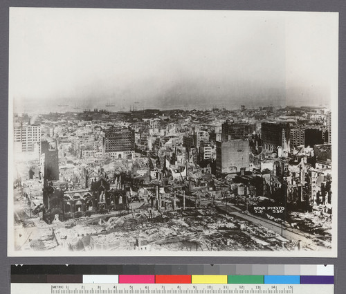 [Cityscape from Fairmont Hotel, Nob Hill, looking southeast. Grace Church at corner of California and Stockton Sts., left.]