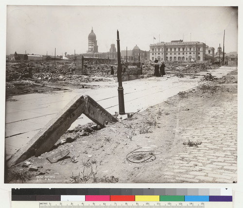 [Buckled curbstone. Harriet St. near Folsom? City Hall (left center) and U.S. Post Office (right center) in distance.]