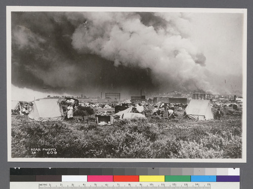[View of fire from Marina district. Refugees in foreground.]