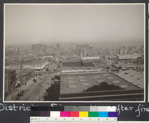 Panorama of five views of the Van Ness Avenue Shopping District. Six months after fire. Every building a new one