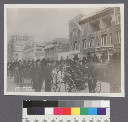 [Earthquake-damaged building. Soldiers on horseback in street. Unidentified location.]