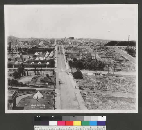 [Panoramic view of city from atop Fairmont Hotel. View looking west from Nob Hill along Sacramento St. Flood mansion, lower left; Clay St. reservoir, far right.]