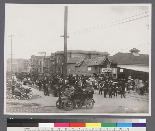 [Crowd at Mission Relief headquarters. Unidentified location.]