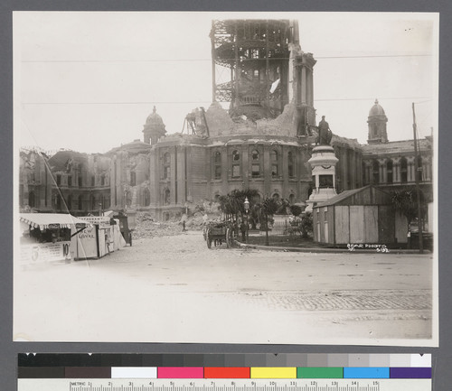 [Makeshift businesses and other temporary structures set up near City Hall.]