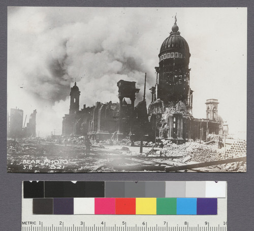 [City Hall. Fire burning in background.]