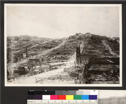 [View along Vallejo St. toward Russian Hill from Telegraph Hill. St. Francis Church, center.]