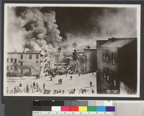 Wholesale Dist. burning [caption cropped...] :30 P.M. Apr. 18th 06. [View along Montgomery St., looking south from Telegraph Hill.]