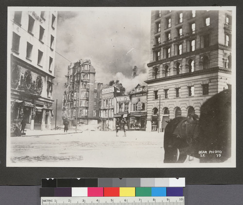 [Burning of Winchester House at Third and Stevenson, south of Market St. Hearst Building, left; Call Building, right.]