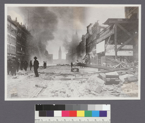 [View of fire, looking east along Market St. toward Ferry Building.]