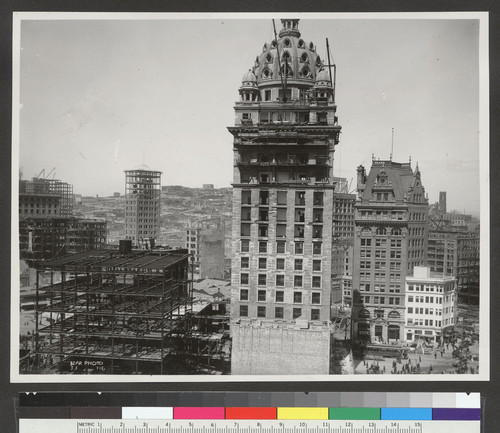 [Call Building during reconstruction. Intersection of Market, Third, Kearny and Geary Sts., lower right.]