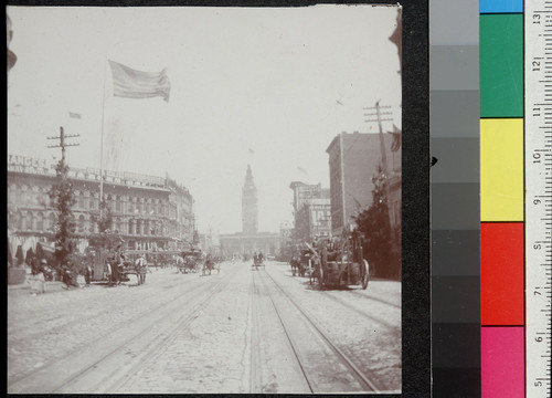 [Scene looking east along Market St. from near First St. Ferry Building in distance.]