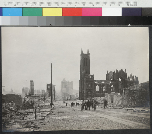 Grace Church [right center] & Merchants Exchange [in distance, center]. [View down California St., from Nob Hill.]